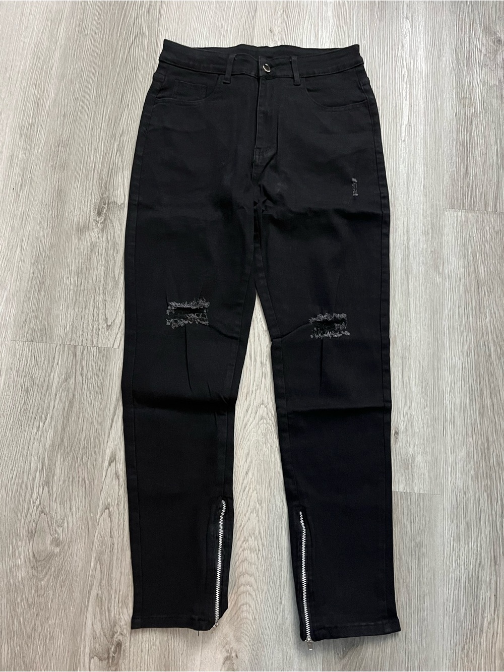 299–Black Distressed Skinny Jeans with Ankle Zippers